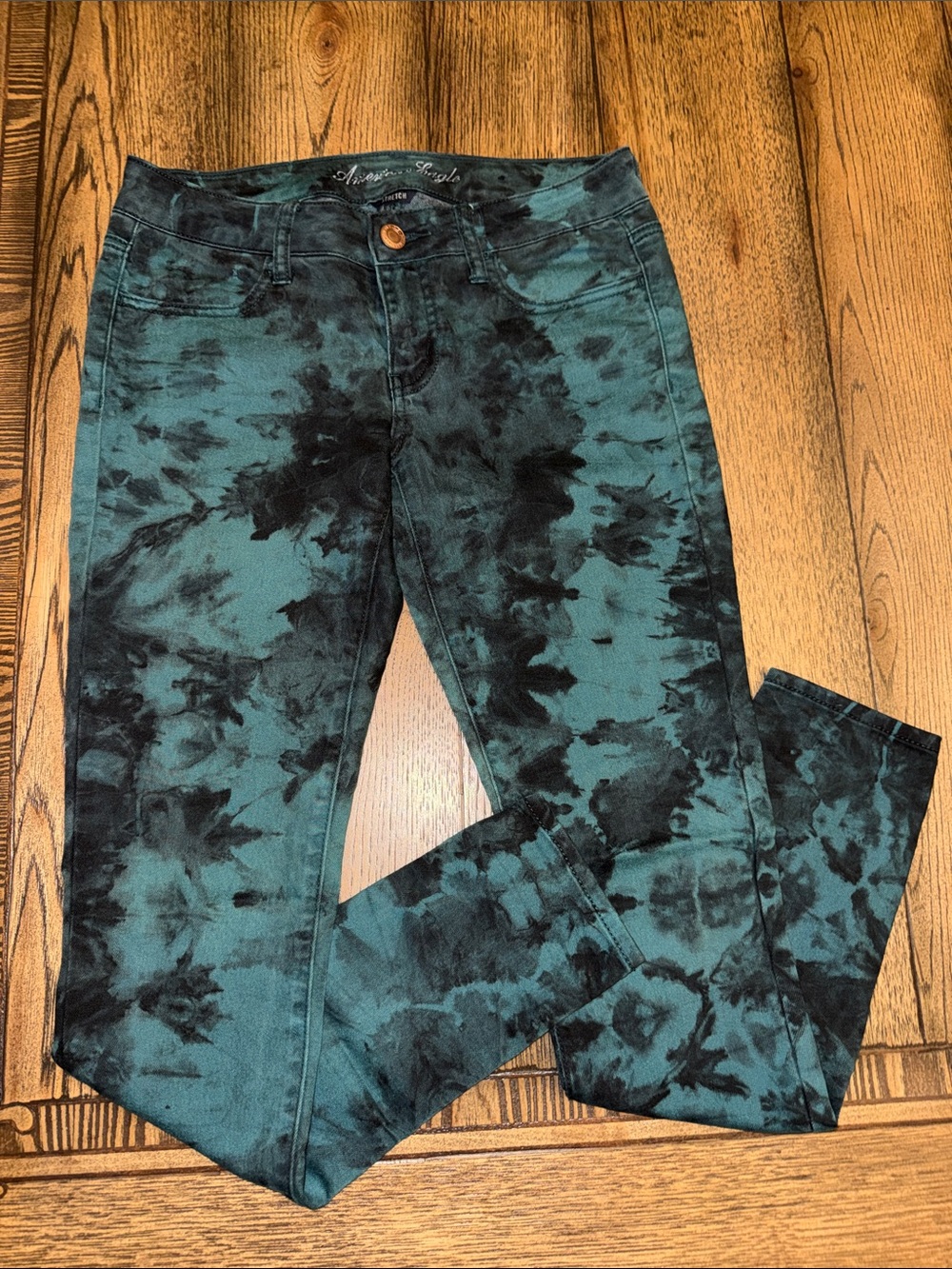 American Eagle Outfitters Teal and Black Tie-Dye Skinny Jeans